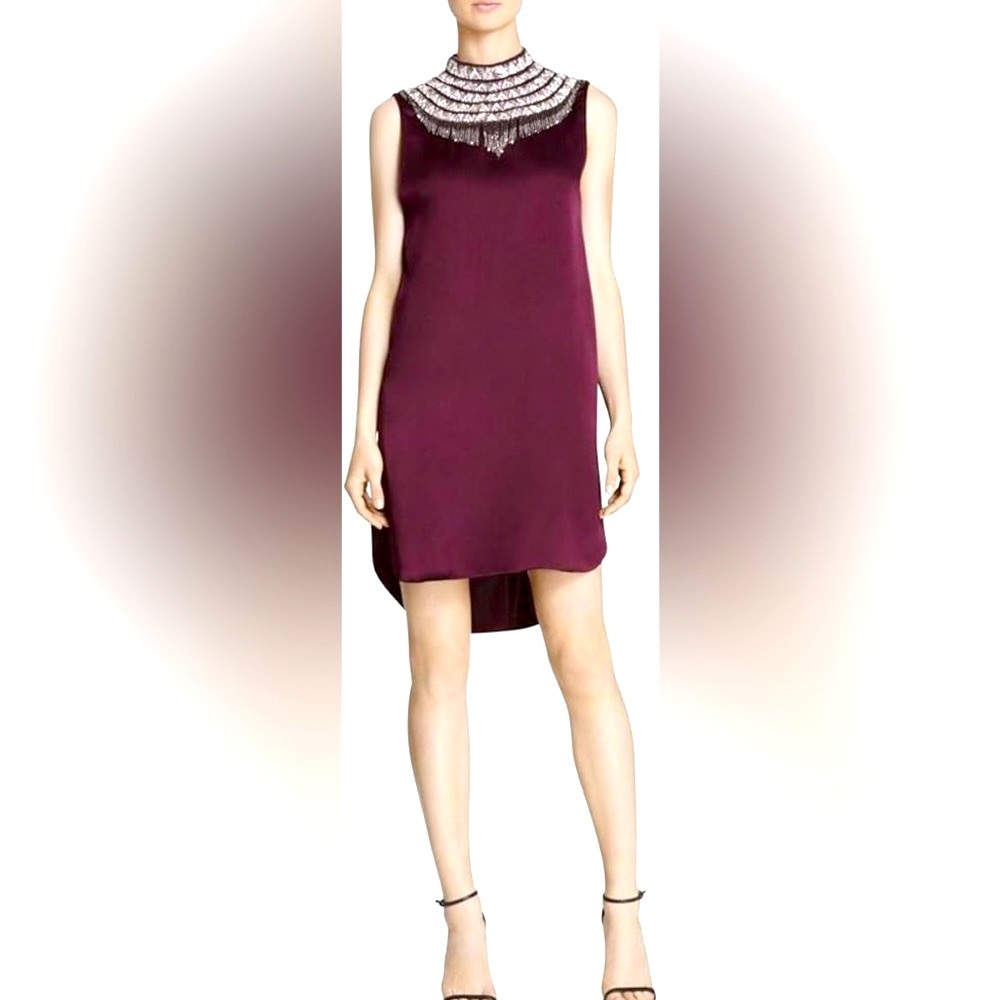 💯 silk Haute Hippie Red Silver Mock Neck Sheath Mini